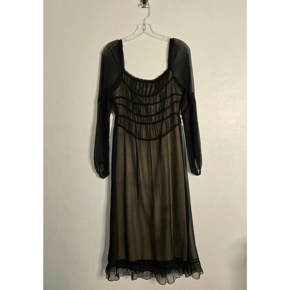 Y2k Witchy Goth Black Silk Midi Dress Smocked Balloon Sleeve 6 Overlay Milkmaid